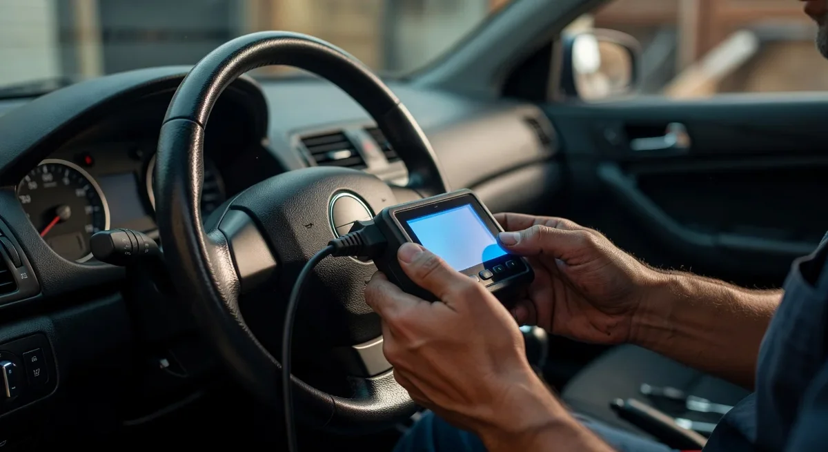 Mécanicien utilisant un dispositif OBD sur une voiture, mettant en avant l'écran et le tableau de bord