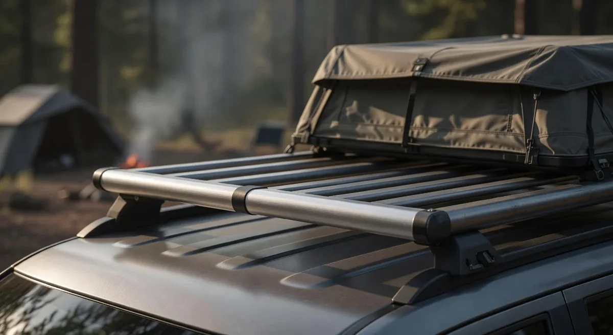 Barre de toit en aluminium et en acier sur une voiture avec une tente de toit en extérieur naturel