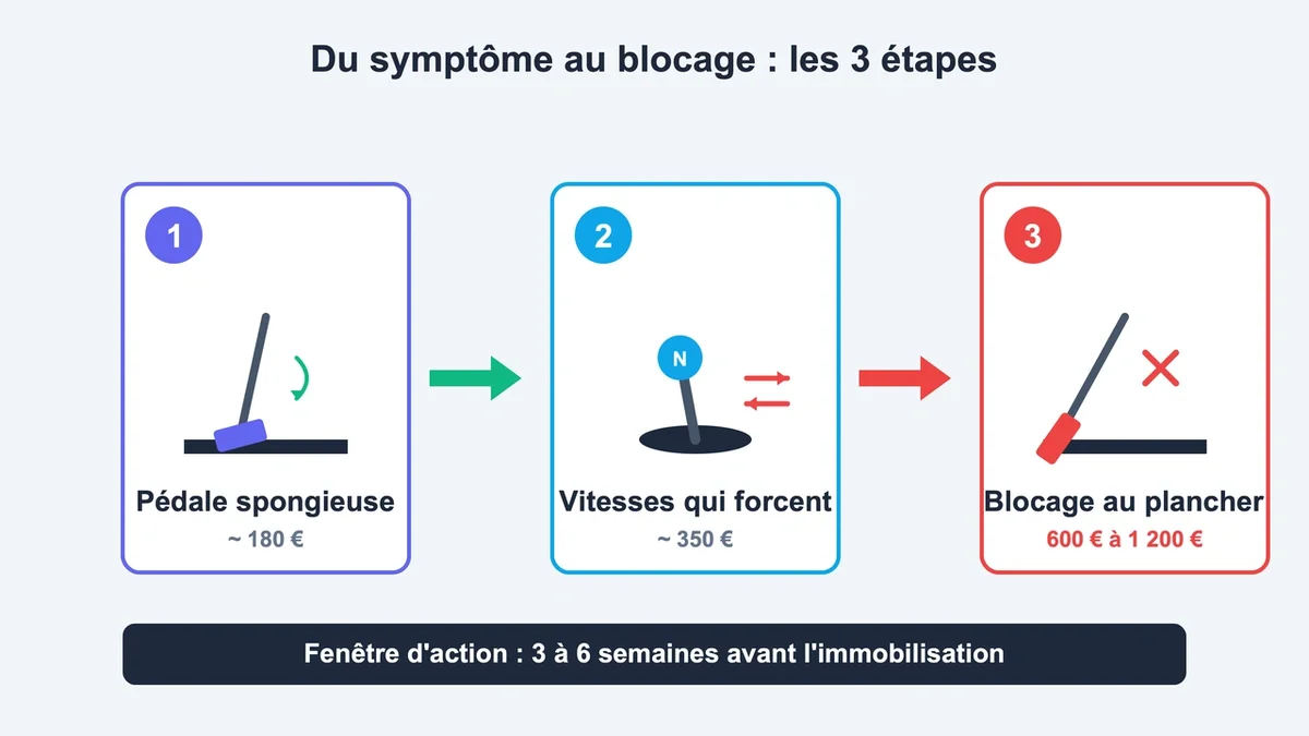 Schéma illustrant le blocage de la pédale d'embrayage avec étapes et flèches explicatives