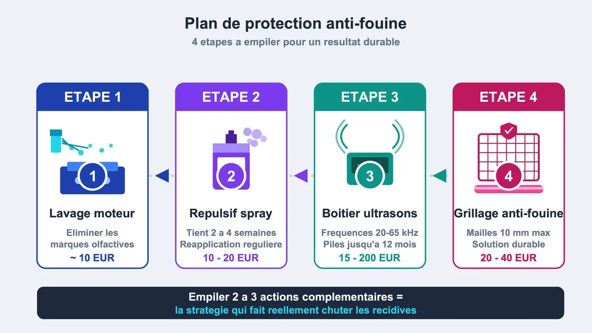 Schéma illustrant les étapes pour protéger une voiture des fouines avec divers solutions en cascade