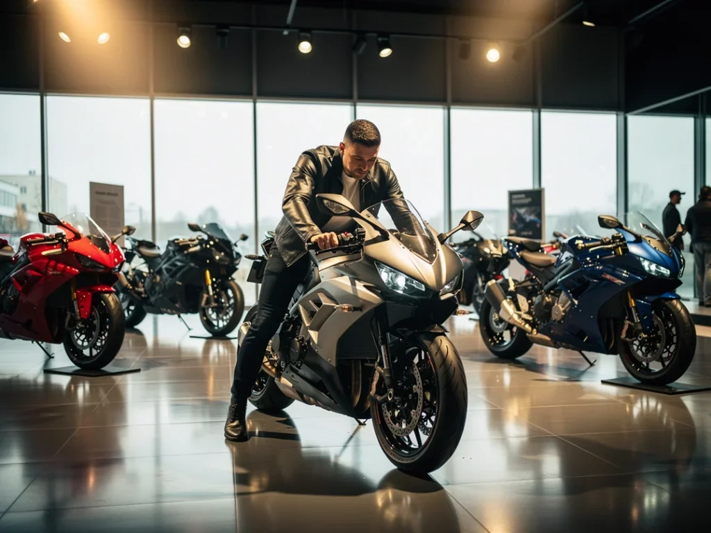 Passionné de moto dans un showroom avec des modèles hautes performances sous un éclairage dynamique