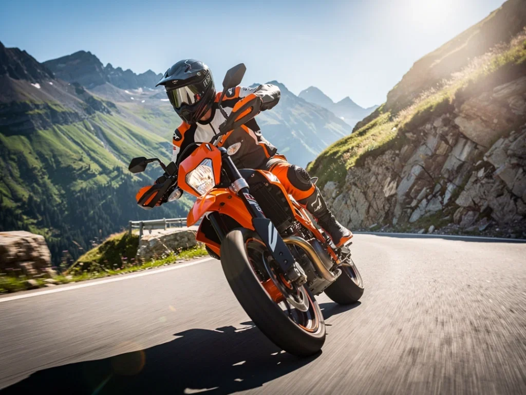 KTM 690 SMC R 2026 en pleine conduite sur une route montagneuse, soulignant son agilité et sa performance