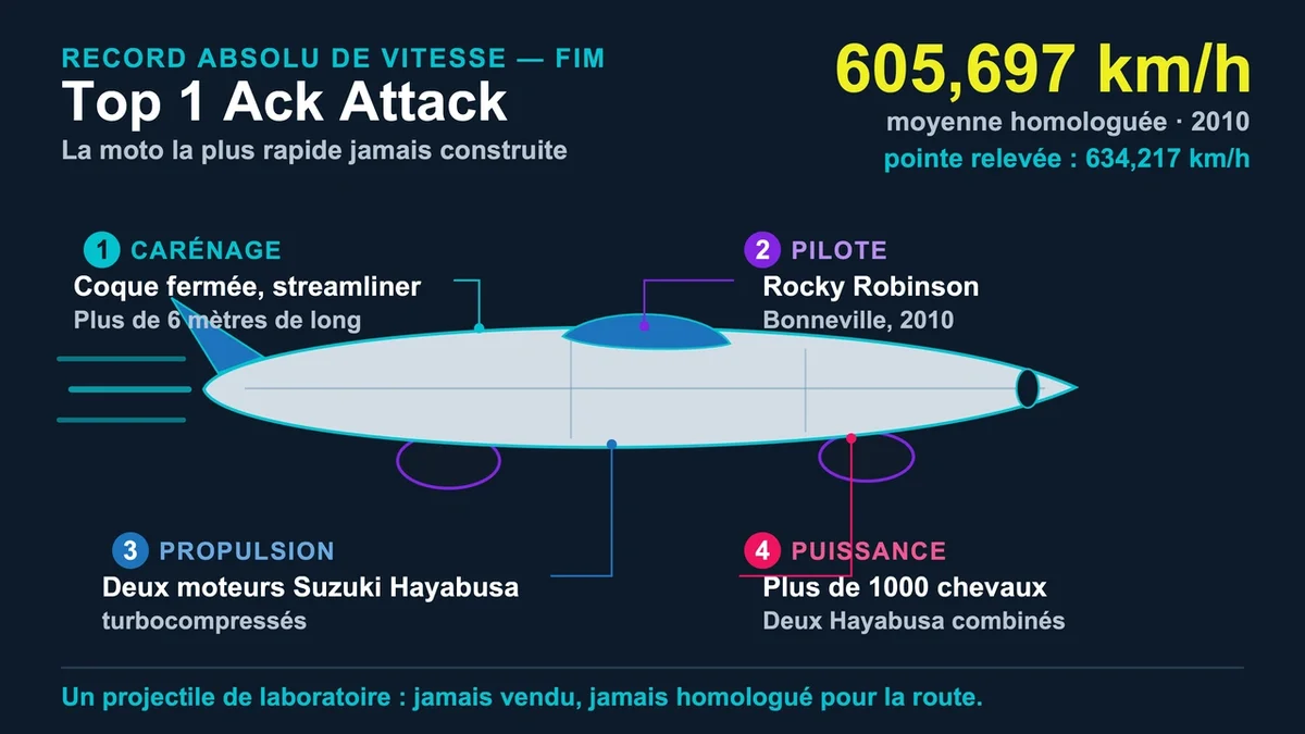 Moto Ack Attack avec son design aérodynamique et futuriste, atteignant des records de vitesse