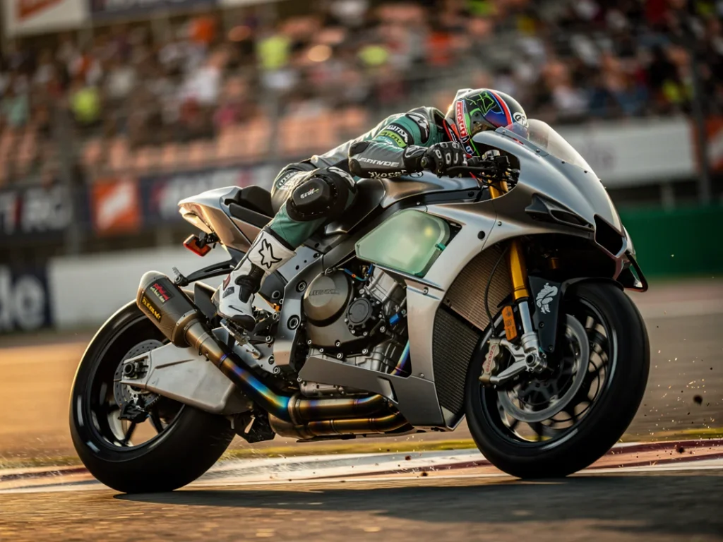 MotoGP en course avec une moto modifiée pour la saison 2027, soulignant légèreté et utilisation de carburants alterna...