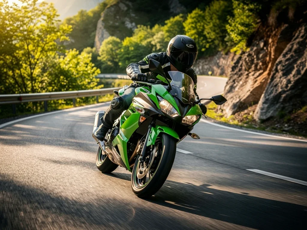 Moto légère en action sur une route sinueuse, mettant en avant l'agilité et le plaisir de conduite