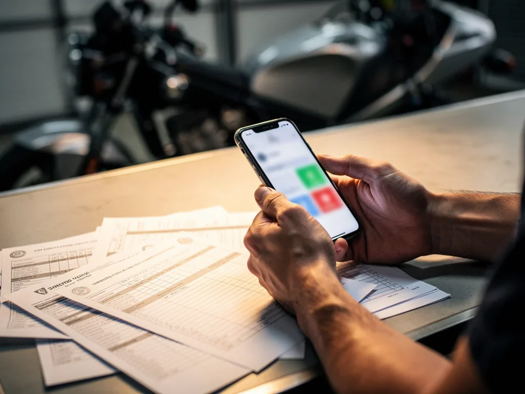 Propriétaire de moto vérifiant des documents et utilisant un smartphone dans un environnement lumineux
