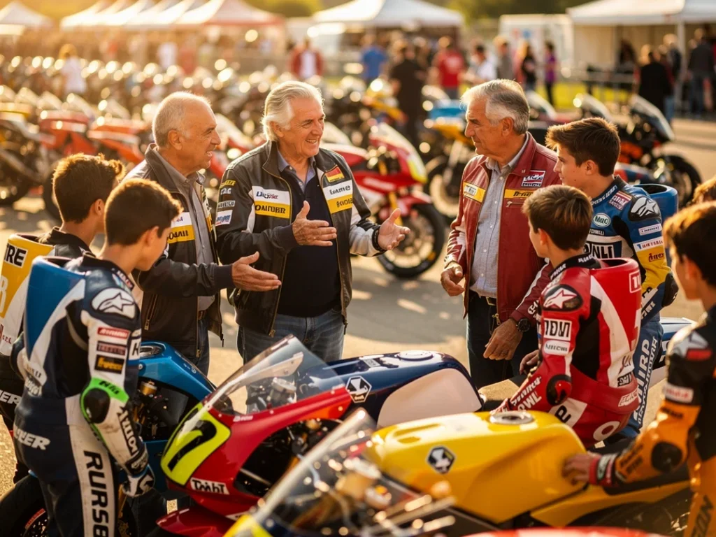 Motards légendaires Olivier Jacque et Christian Sarron discutent avec de jeunes pilotes lors d'un événement dynamique