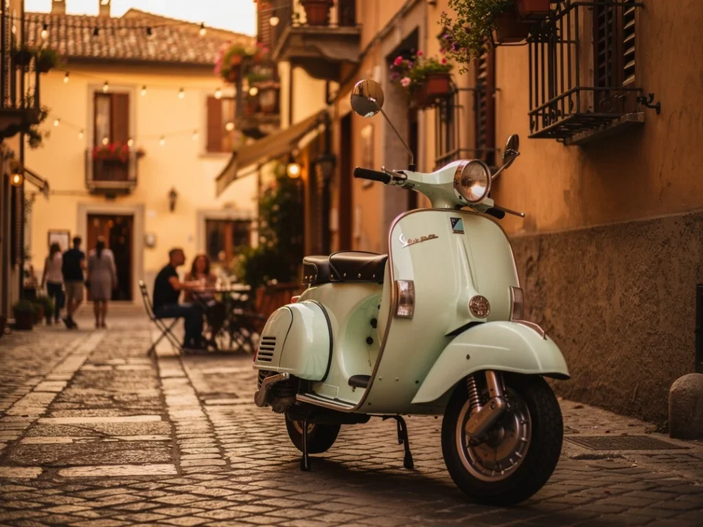 Vespa Primavera garée sur une rue pittoresque italienne entourée d'architecture traditionnelle