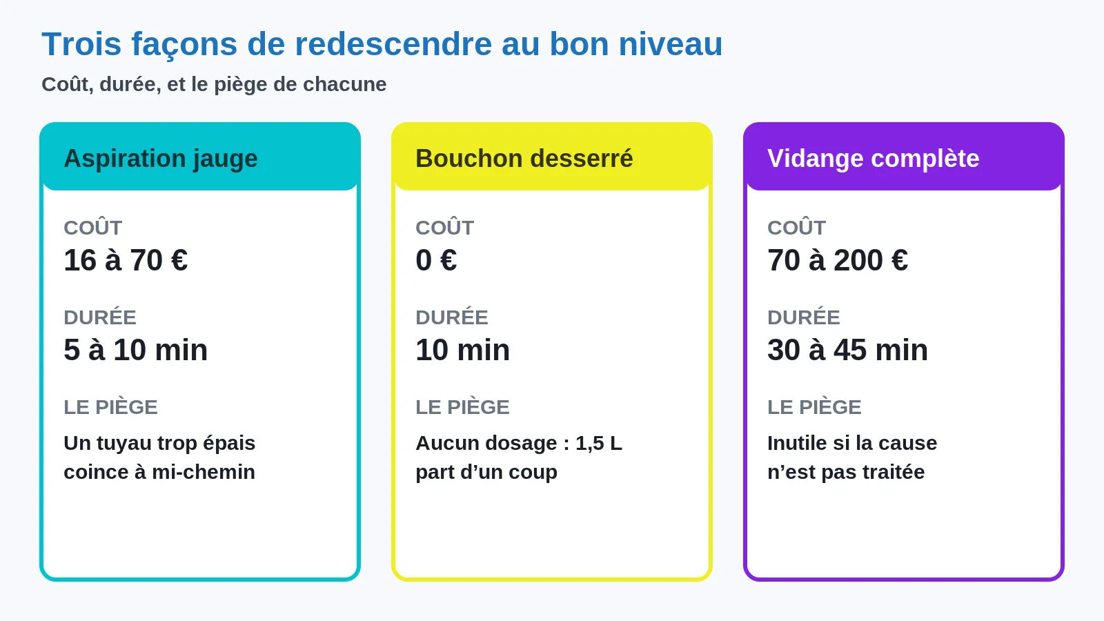 Comparaison des trois méthodes pour retirer l'huile en trop : coût, durée et piège de chacune